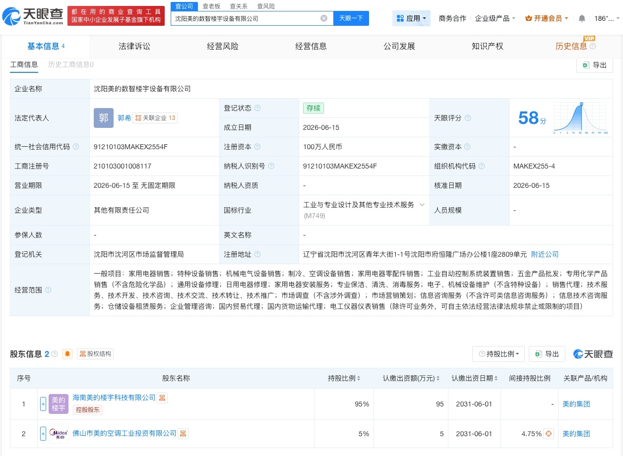 【美的在沈阳成立数智楼宇公司 注册资本100万】财报研究社Pro讯，天眼查App