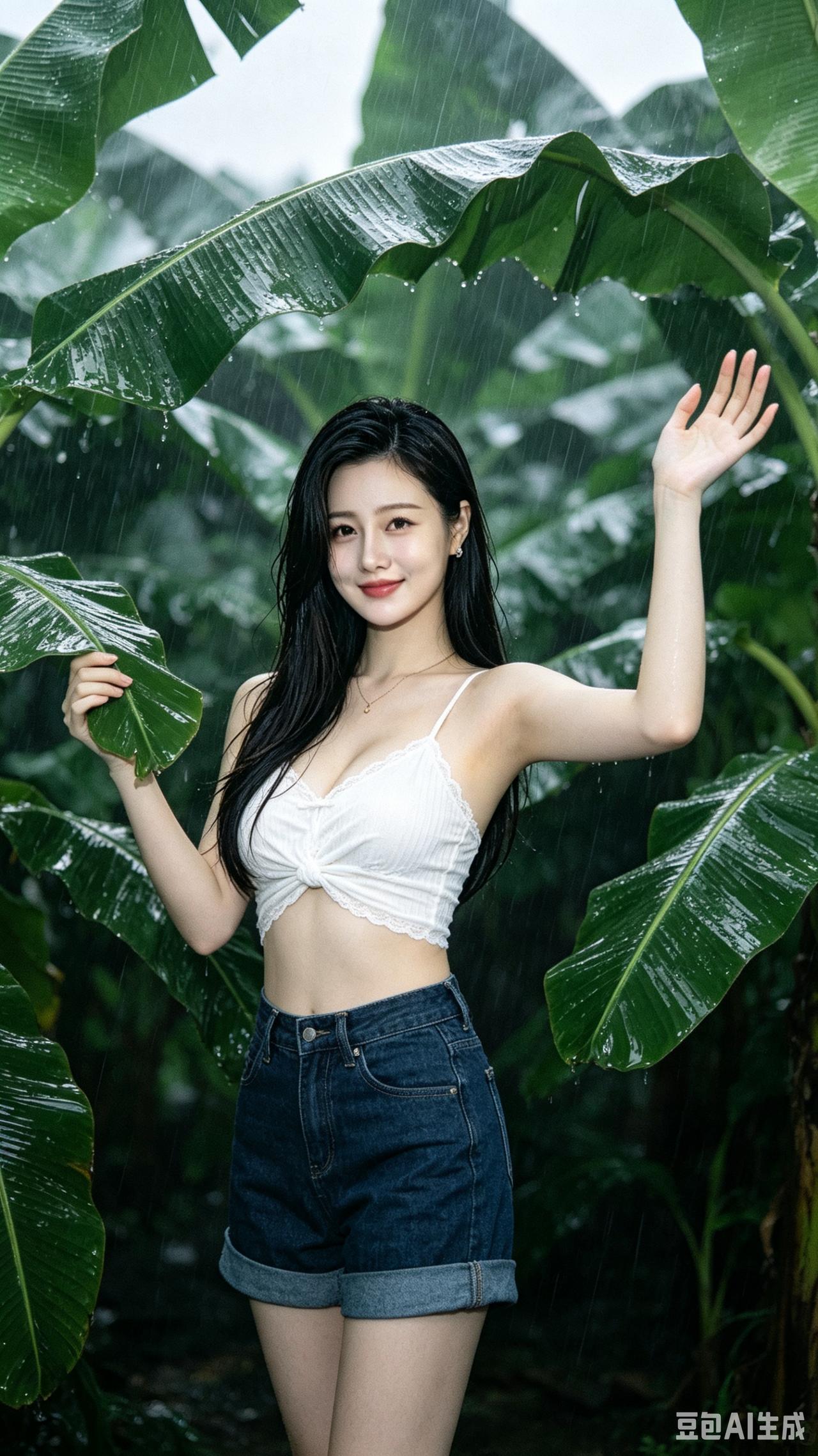 雨中美女，笑容灿烂，享受自然。