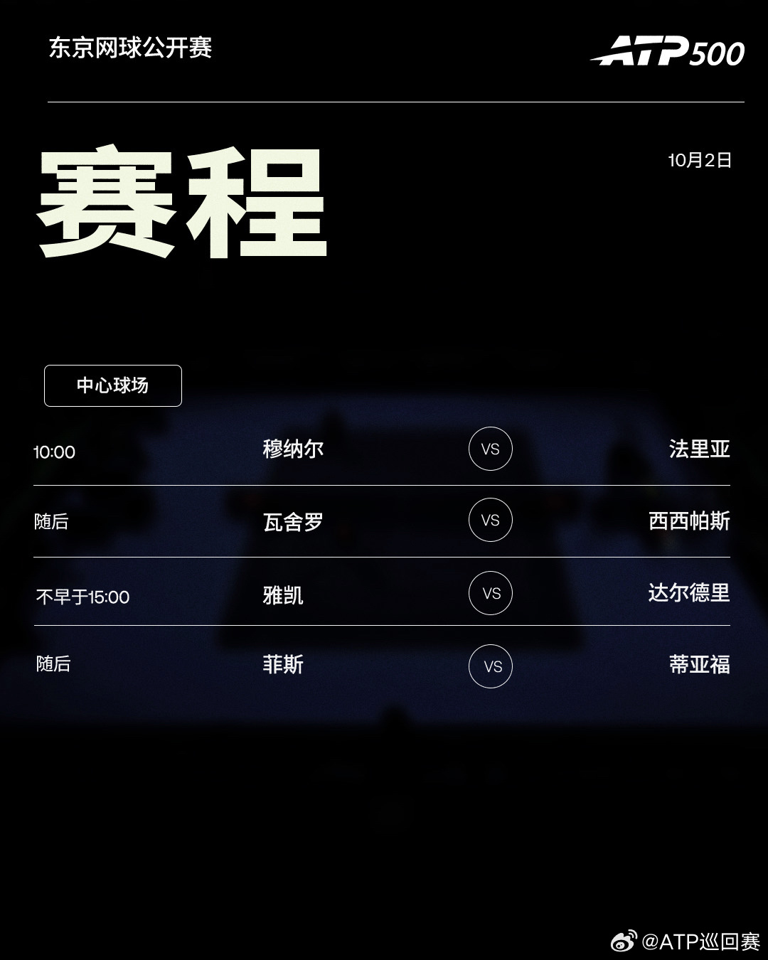 📅今日赛程如下，中网和东京站展开第二轮，吴易昺、黄泽林力争会师亚运会决赛：🎾