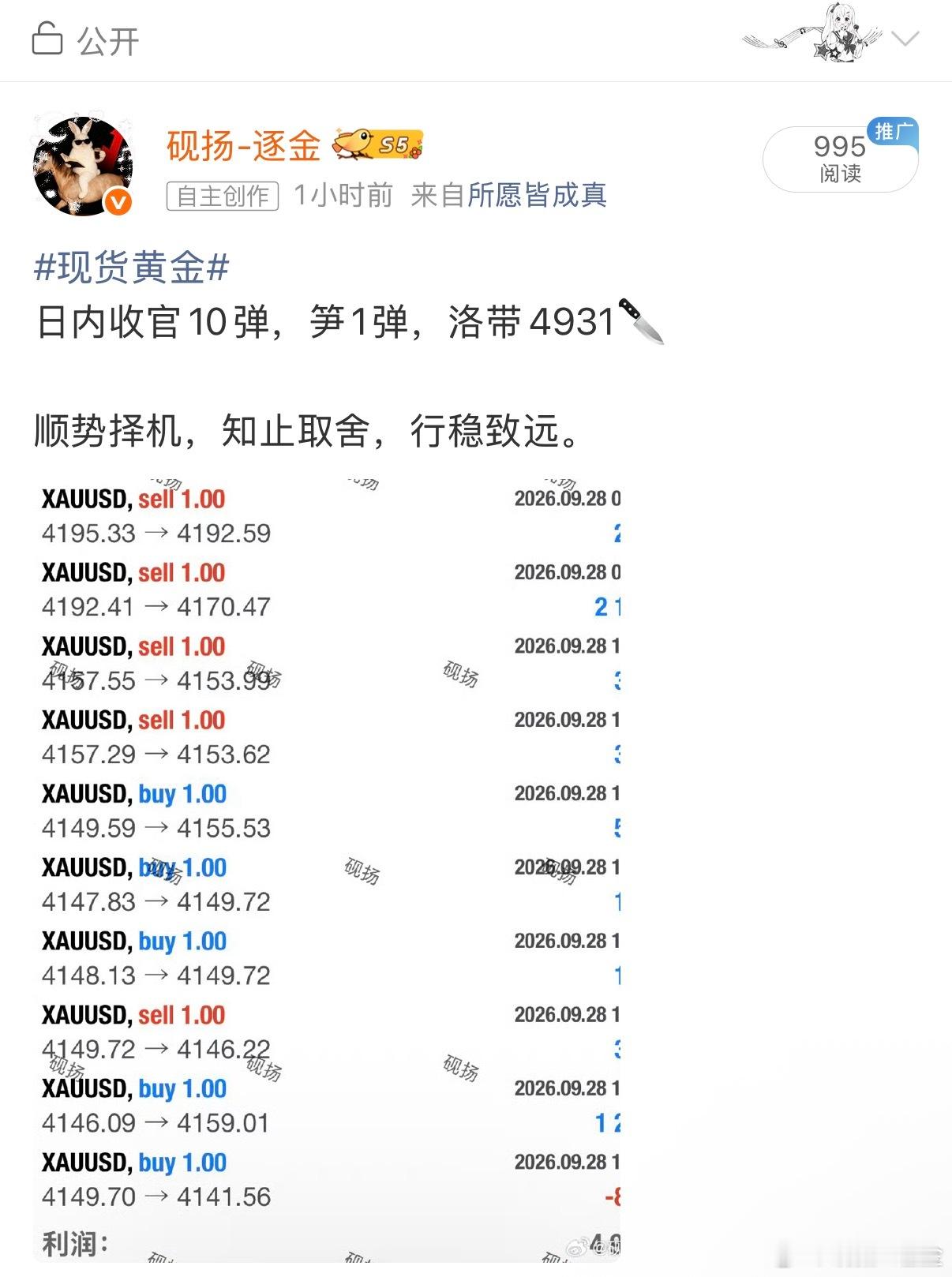 黄金刚买就跌今日已收官，从早到晚，节奏始终按计划推进。收住今日战果，把经验留给下