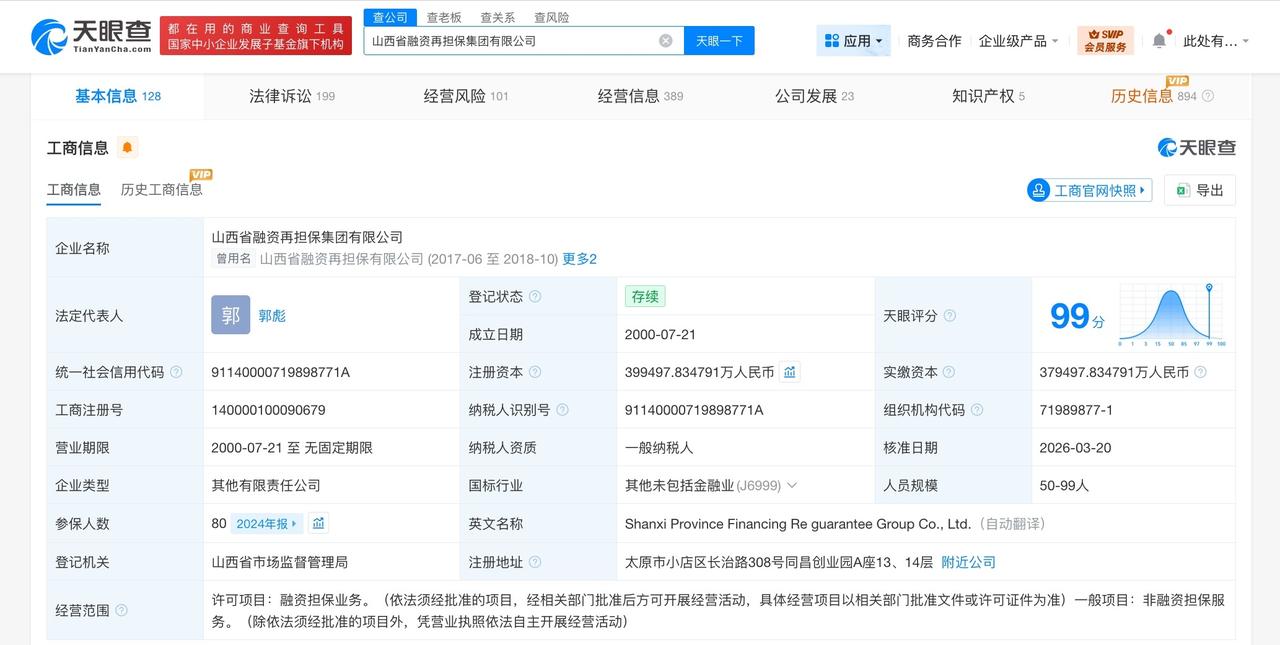 山西省融资再担保集团增资至约39.9亿

天眼查工商信息显示，近日，山西省融资再