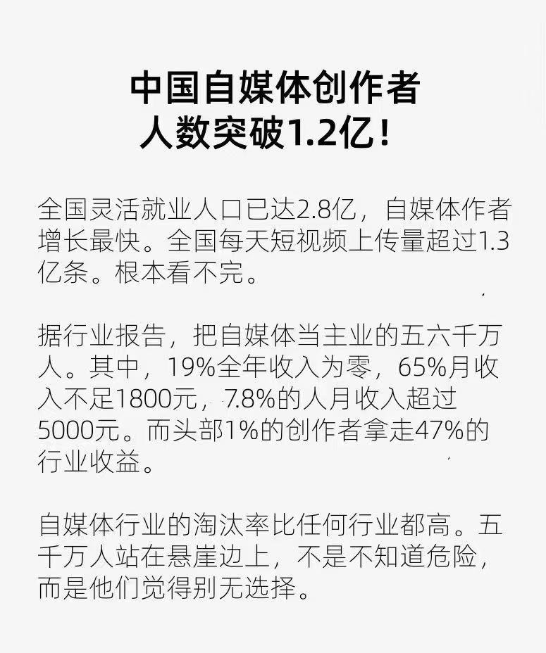 不建议大家辞职去做自媒体做自媒体确实需要天赋，很多人看到别人做赚的盆满钵满，以为