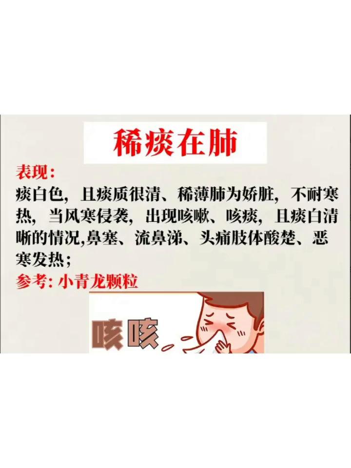 ·稀痰在肺：表现：痰白色，且痰质很清、稀薄。肺为娇脏，不耐寒热，当风寒侵袭，出现