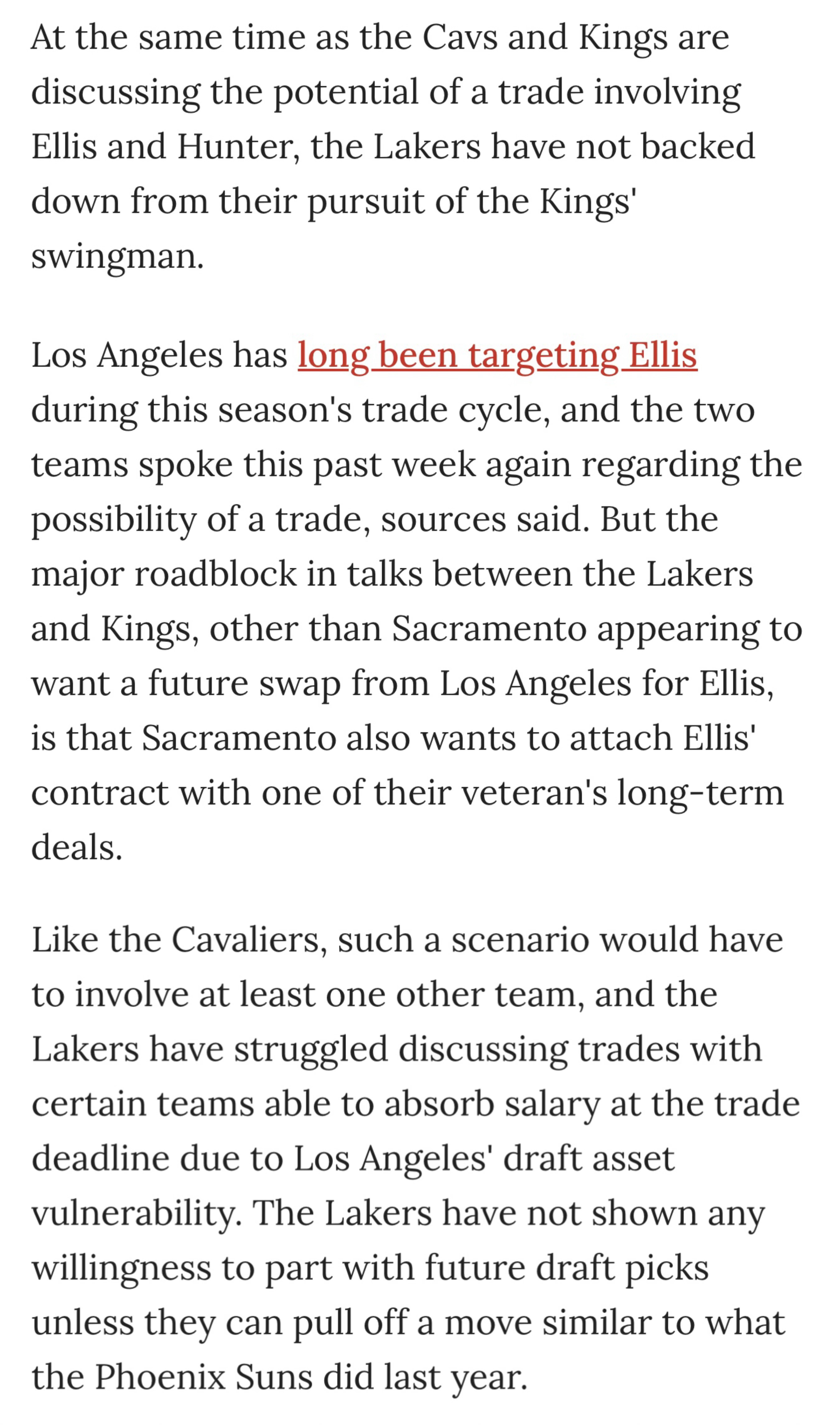 Brett Siegel；就在骑士和国王讨论涉及埃利斯与亨特的潜在交易时，湖人并