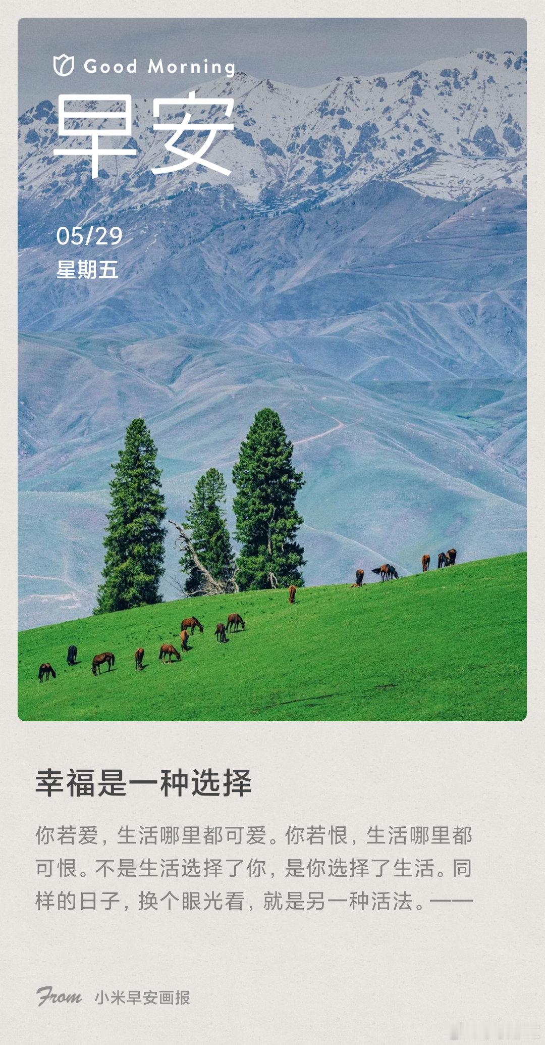 小米画报 幸福是一种选择： 你若爱，生活哪里都可爱。你若恨，生活哪里都可恨。不是