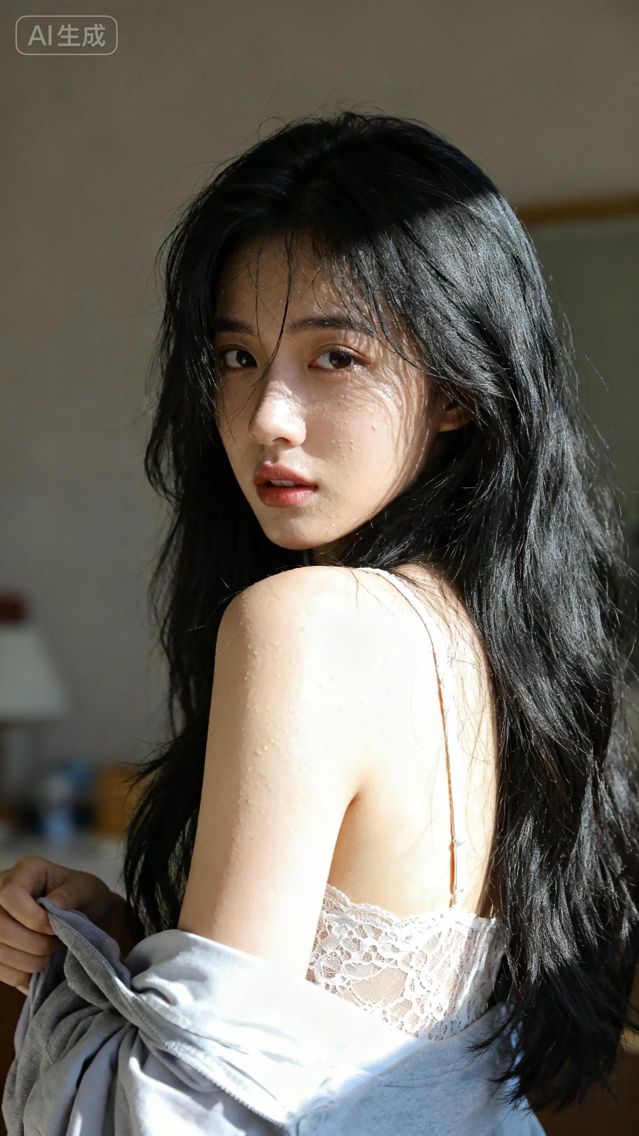 黑发少女，阳光下的慵懒时光