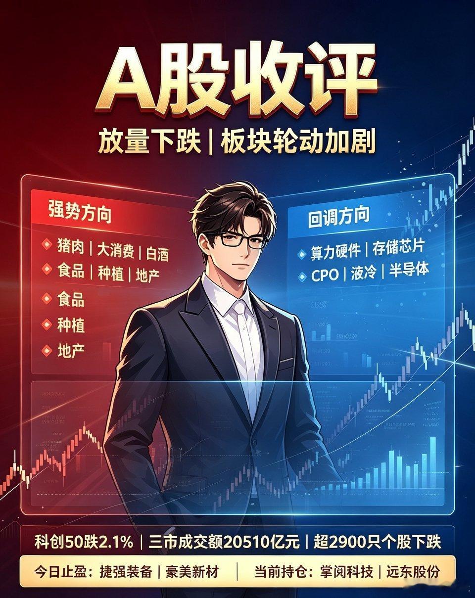 A股收评：放量下跌！科创50跌2.1%，算力硬件板块集体回调，大消费板块强势A股