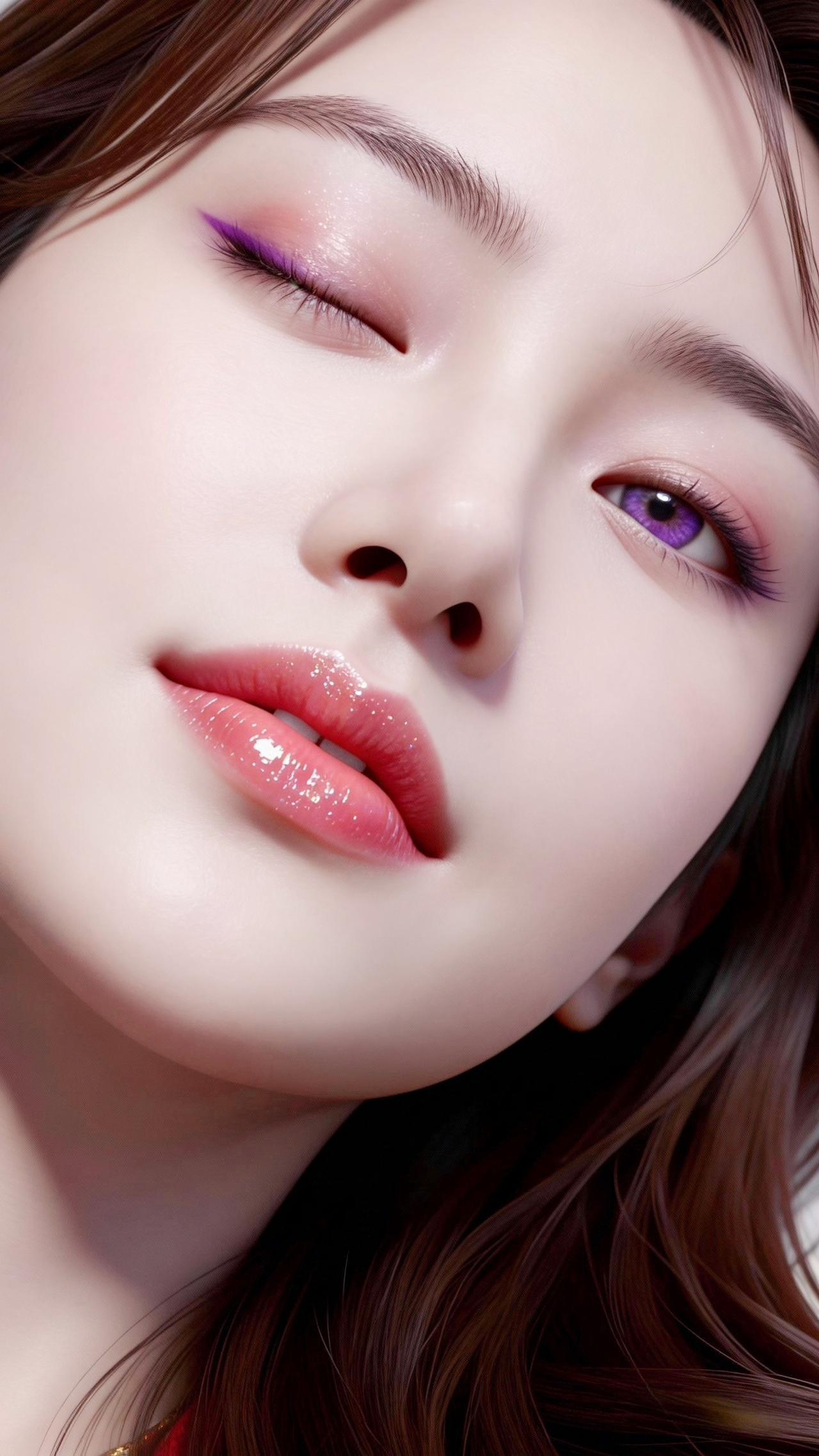 闭眼微笑，温柔如梦，紫色眼影，甜美可人