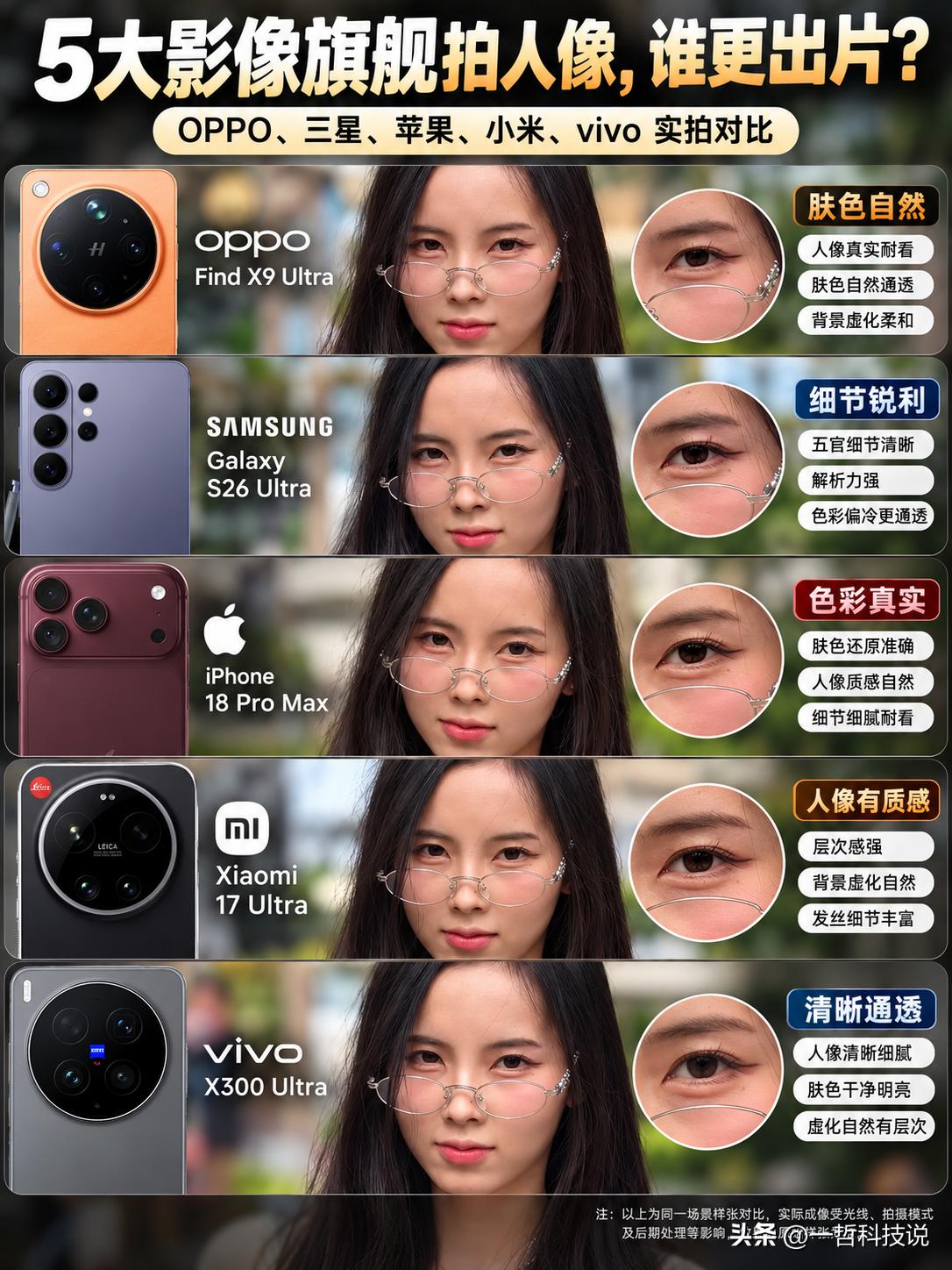 手机人像摄影哪家强？OPPO、三星、苹果、小米、vivo实拍对比。

同样的模特