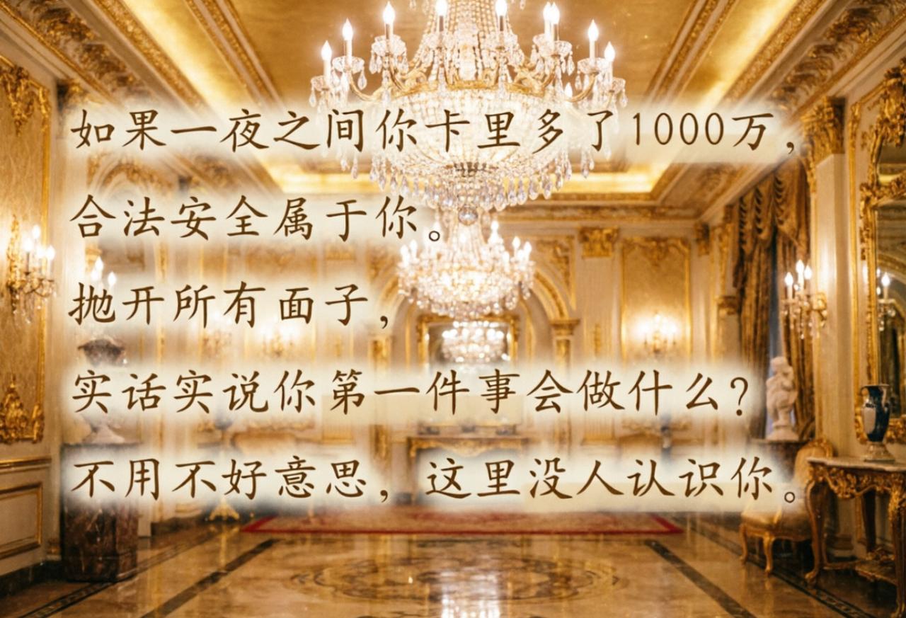 假如银行卡凭空多一千万，合法归自己，抛开面子第一件事干啥？
别人规划买房创业环游