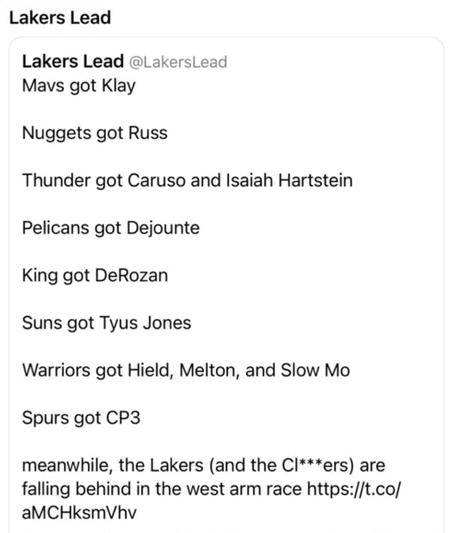 湖人自媒体Lakers Lead吐槽，西部都在补强，而湖人休赛期在干什么？

太