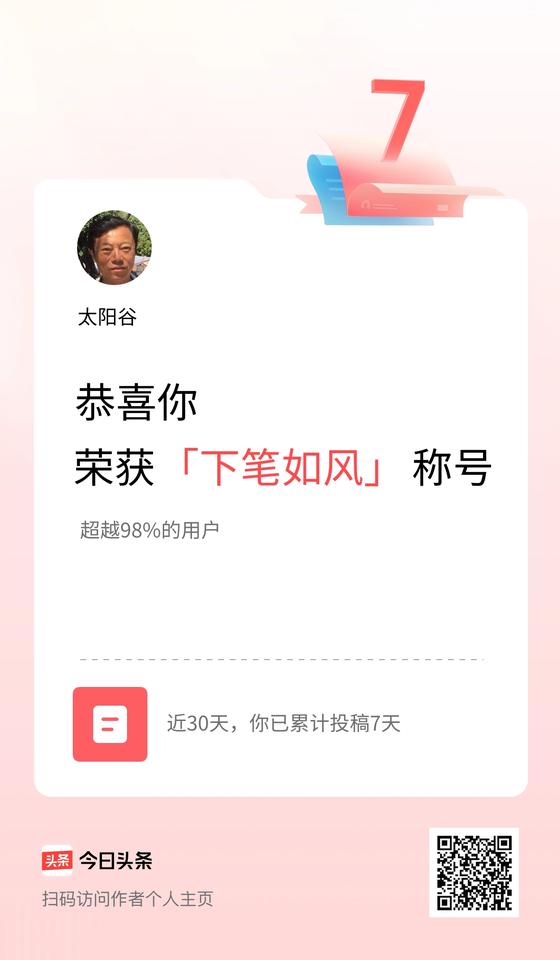 我在头条30天内投稿打卡7天，获得“下笔如风”称号