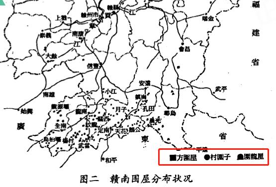 赣南围屋是客家特色防御型民居，从分布图状况来看，主要集中在江西省三南地区（龙南、