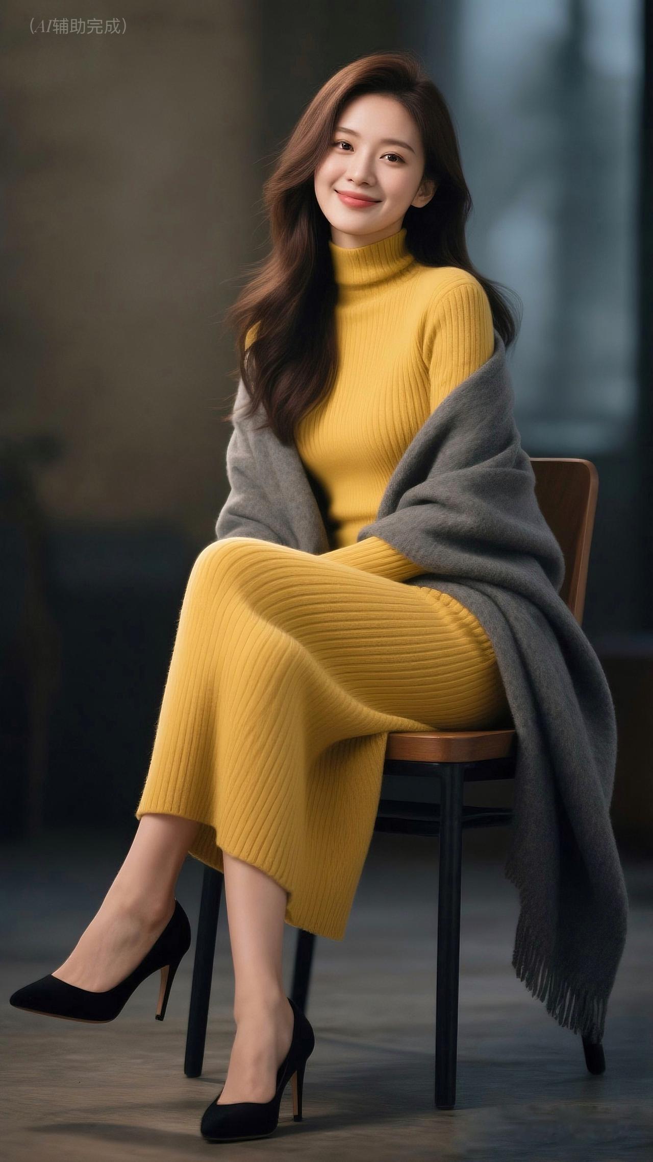 明黄针织裙裹曼妙，灰毯搭肩添慵懒。乌发垂肩眸含笑，眉眼弯弯甜胜春。黑细高跟衬优雅