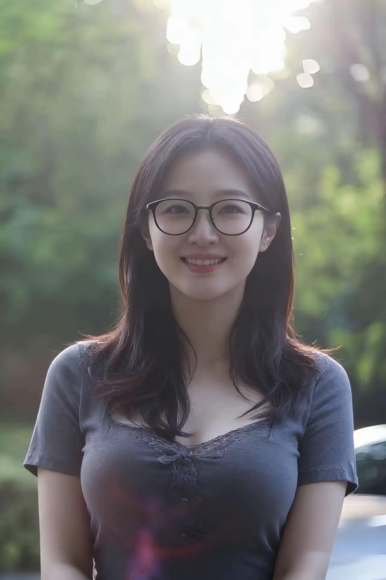 阳光穿过树叶的缝隙，在发梢跳着温柔的舞。
 
眼镜后的眼睛弯成了月牙，嘴角扬起的