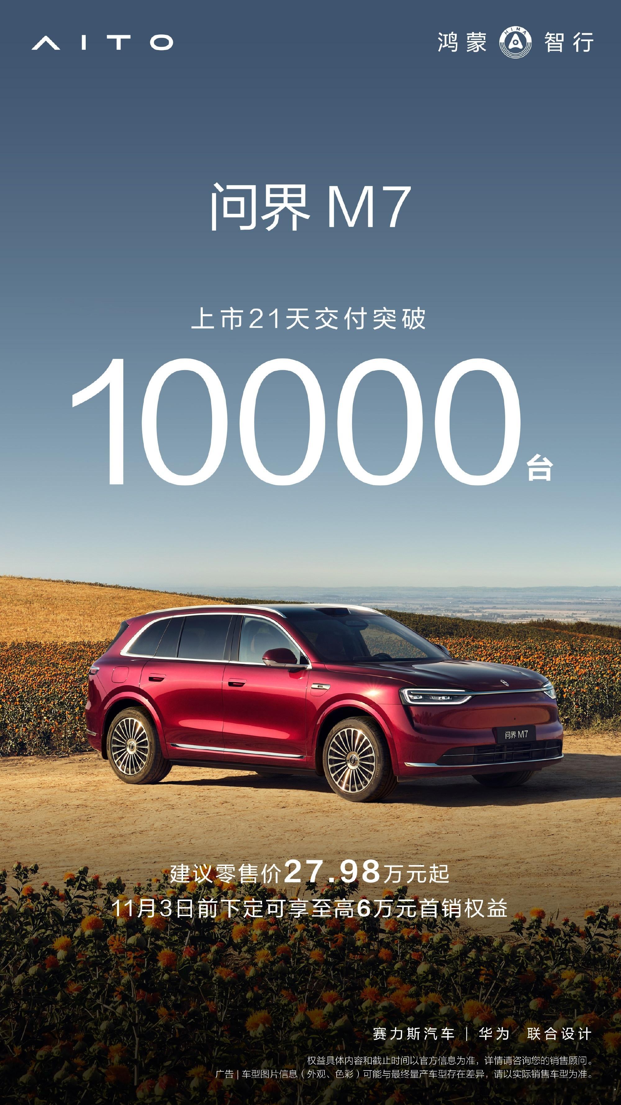 全新问界m7交付破万 10月17日，鸿蒙智行官宣，全新一代问界M7上市21天交付
