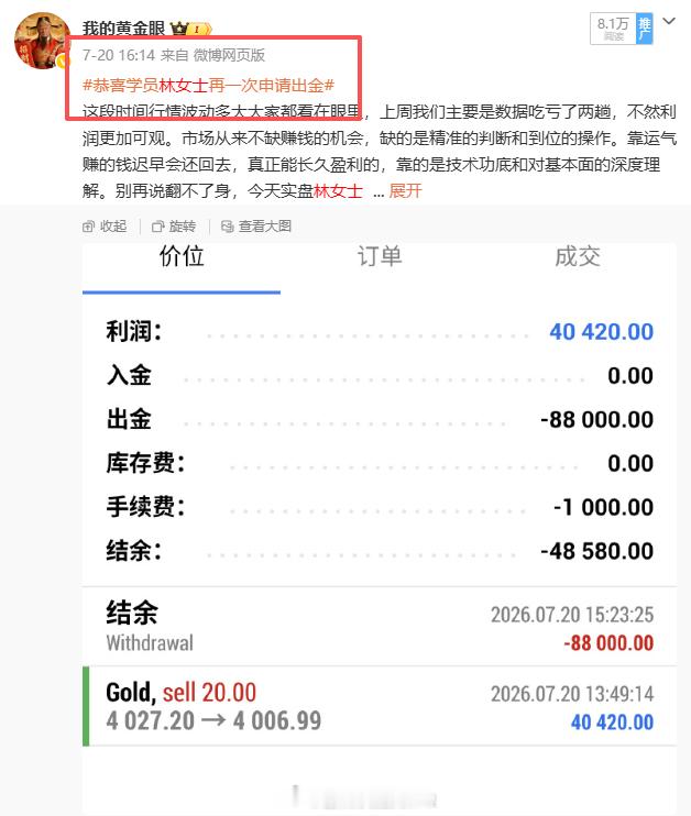 恭喜实盘学员林女士顺利完成出金申请！！！ 首先恭喜林女士再再再......再次顺