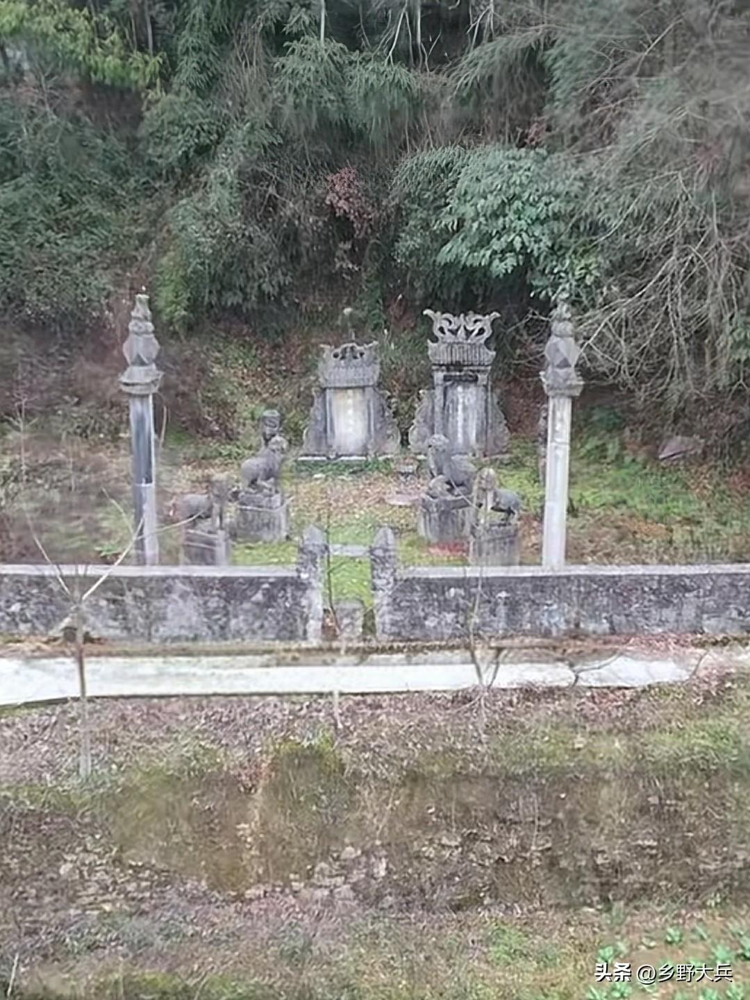 山边上发现2座古墓，墓前还有石羊，石象，石柱，十分豪华，封土堆上都长满了大树，一