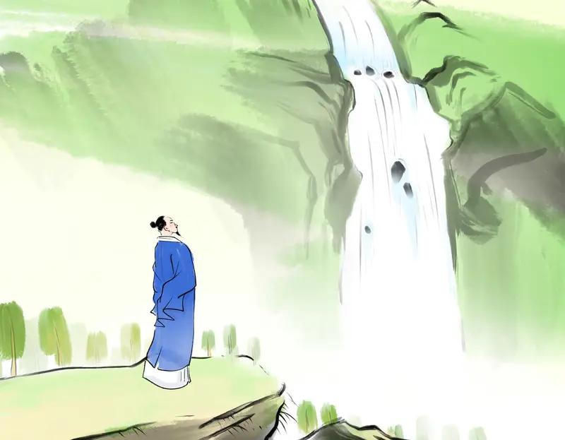 唐寅《题空山观瀑图》

飞瀑漱苍崖，
山空响逾远。
惟有洗心人，
行来不辞晚。