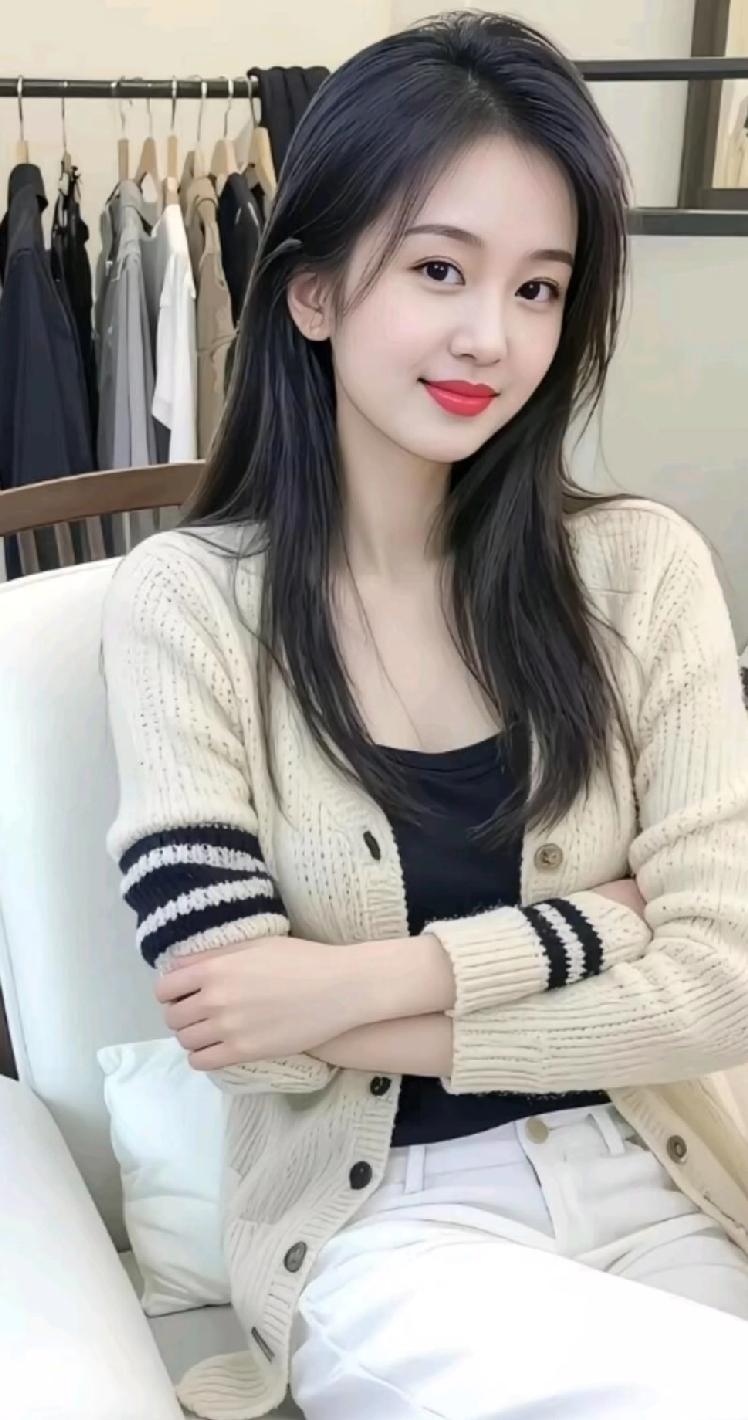 温柔穿搭，米色毛衣搭配白色裤子，简约又舒适。