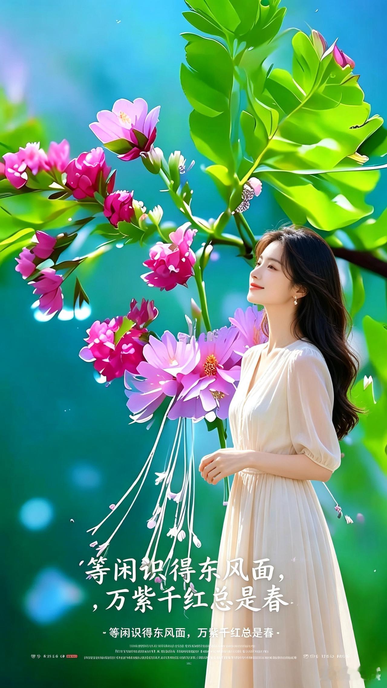 春日赏花
春日枝头繁花绽，
粉瓣垂丝美若画。
鲜绿叶片衬艳色，
清风徐来送香雅。