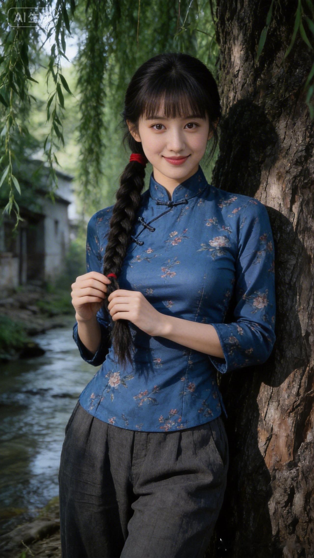 古风少女倚树而立，红发辫与蓝衣相映成趣，宛如画中人。