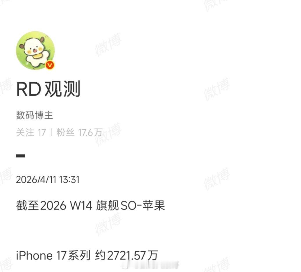 截止2026第14周旗舰销量速报:✅ iPhone 17系列：约 2721.57