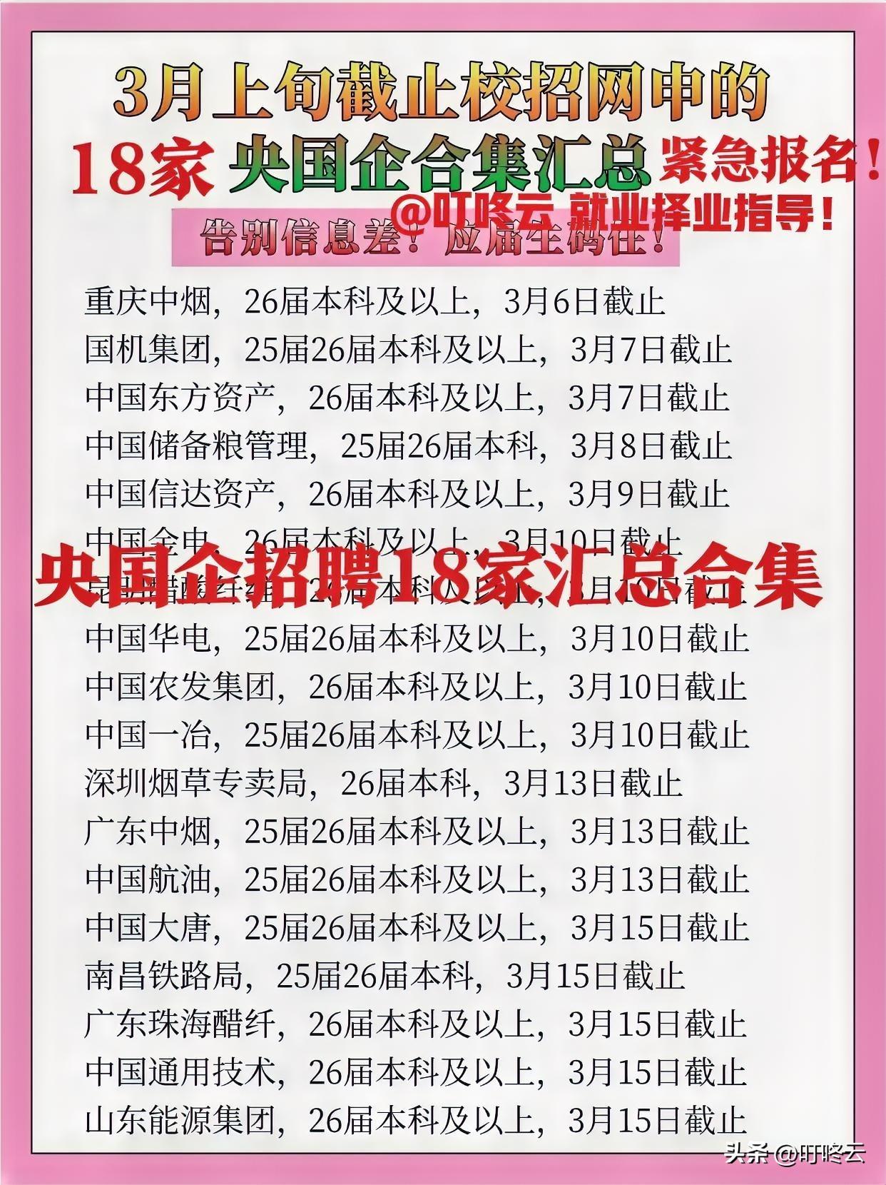 紧急报名！推荐18家央国企招聘汇总合集！一图概览，3月招聘！速速收藏起来备用！中