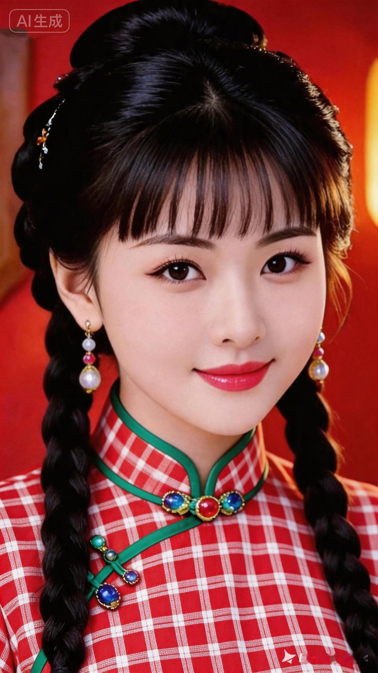 惊艳的古典美女，红格子旗袍，优雅动人！