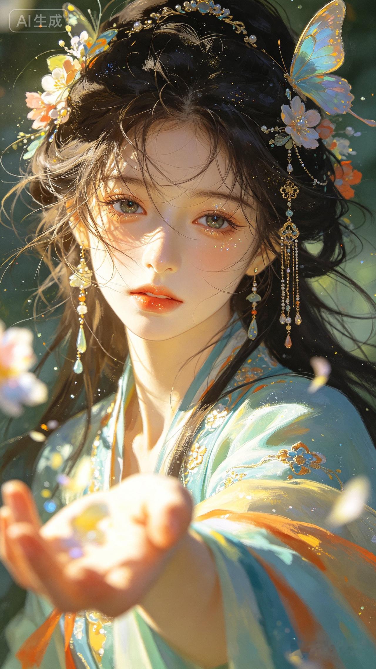 梦幻仙境中的少女，手捧花瓣，美若天仙