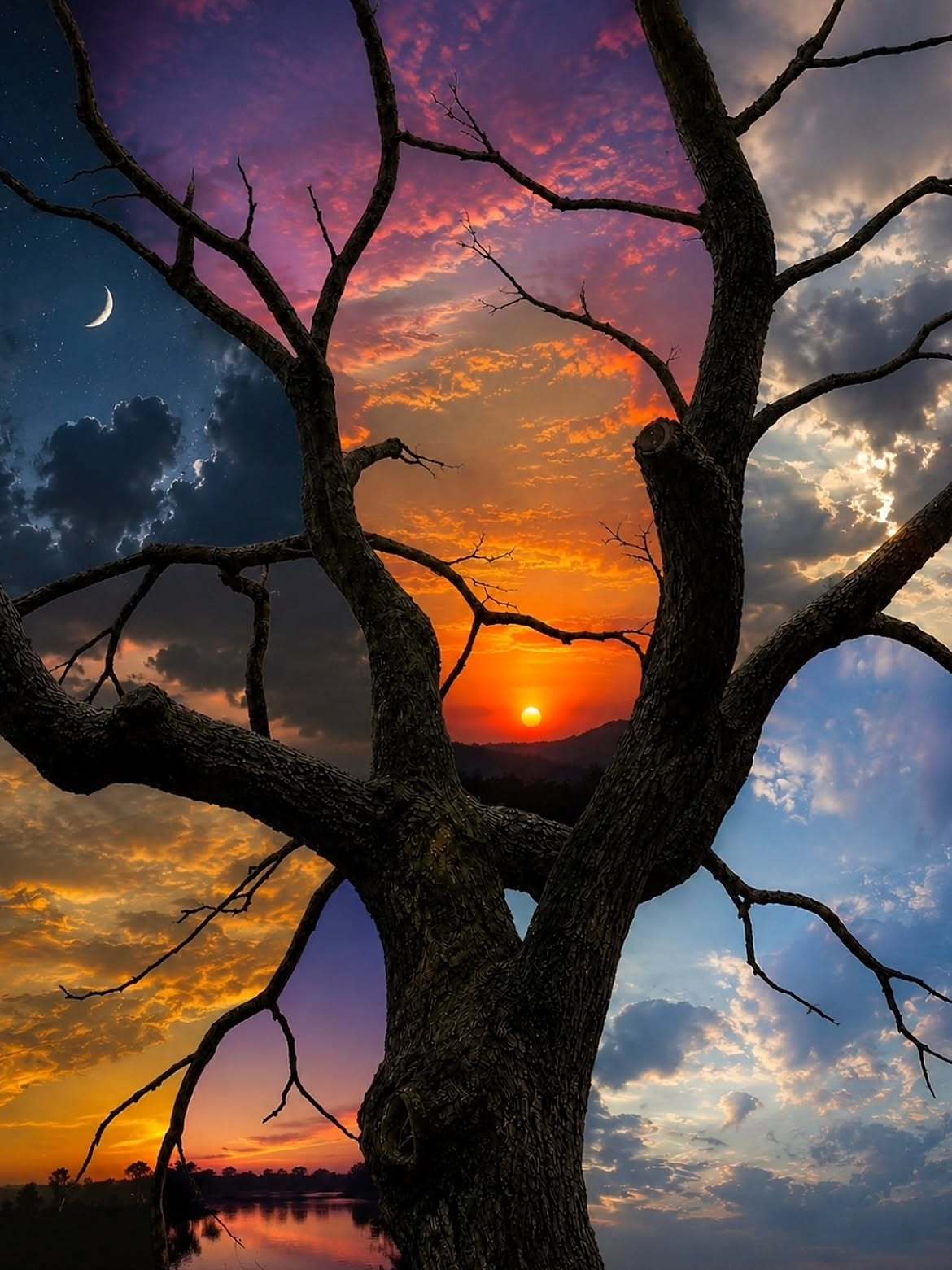 GOING[超话] 夕阳下的枯树，就像我这颗孤独的心，虽然没有叶子，但依然能感受
