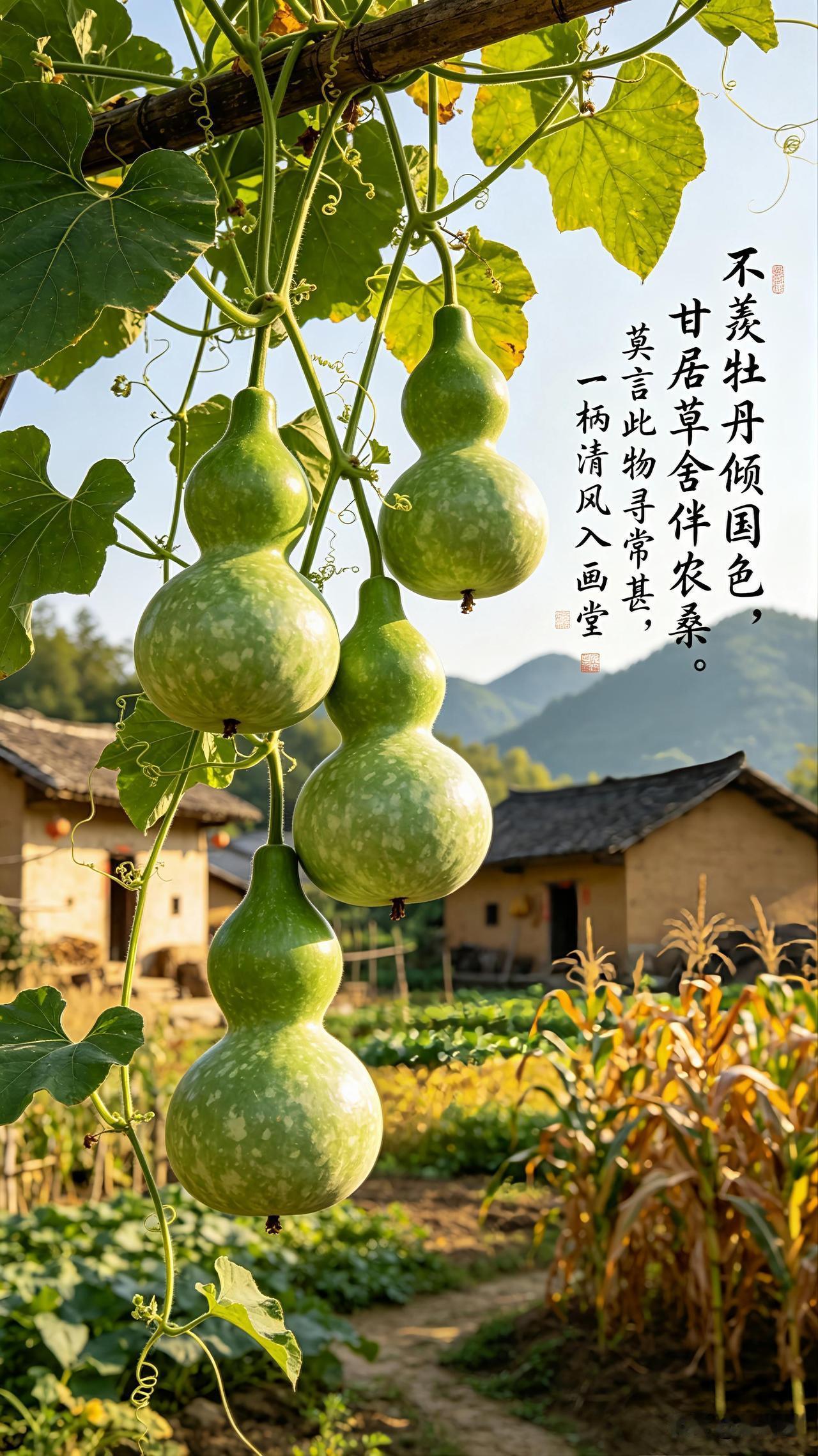 藤绕篱墙翠蔓长，
秋来结子满庭芳。
腰身细束藏天地，
腹内空明纳月光。

不羡牡