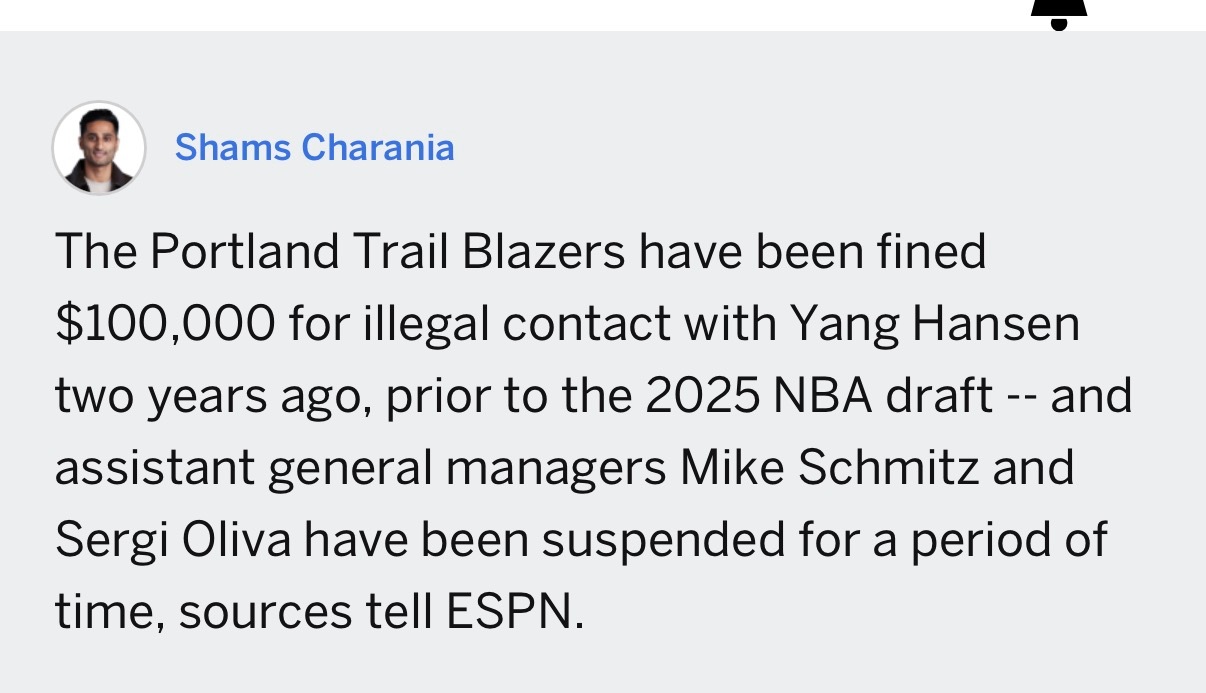 因在2025年NBA选秀的两年前，曾与杨瀚森进行违规接触，开拓者被罚款10万美元