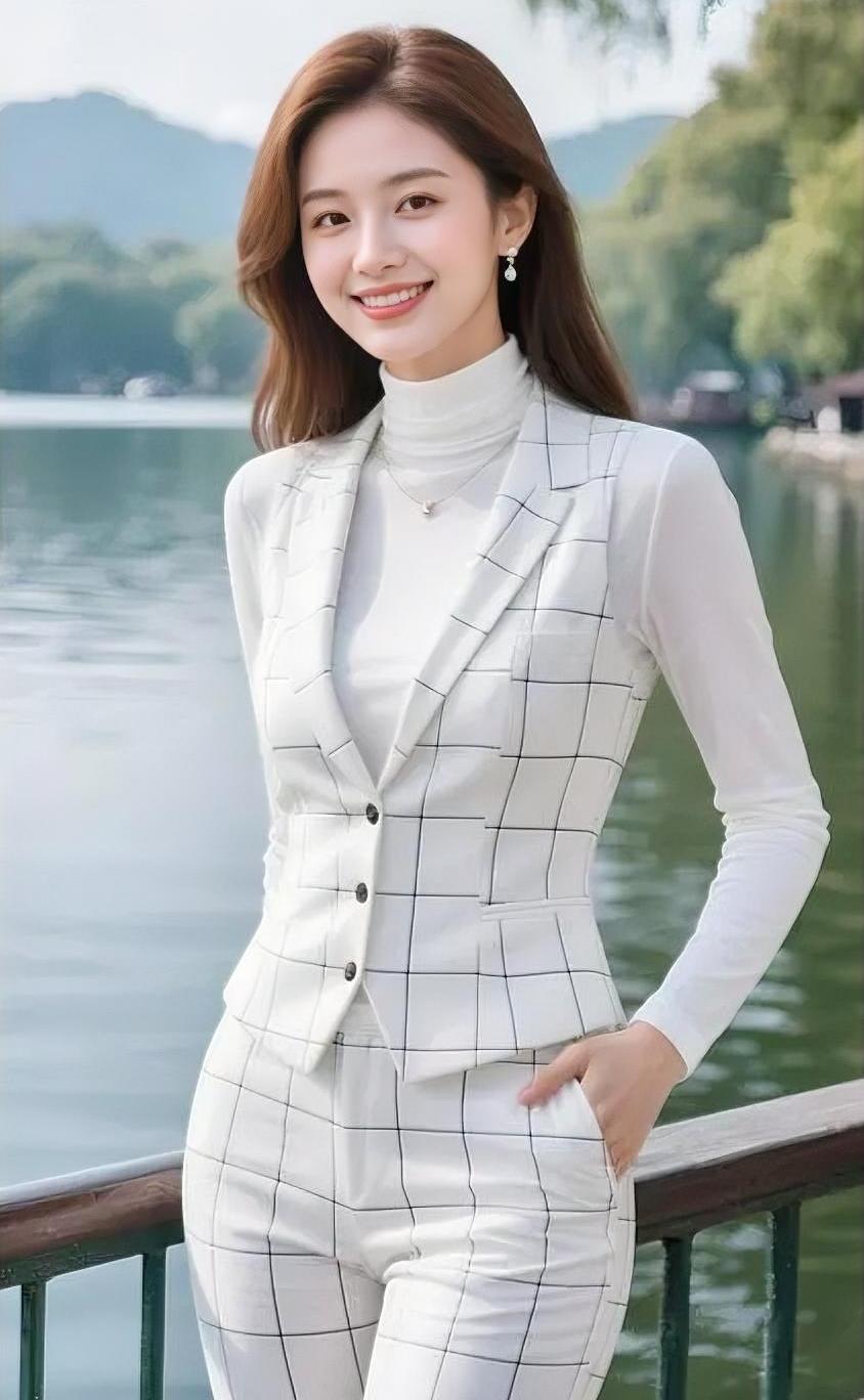 湖风轻轻吹，

你站在光里笑。

白格裁出利落线条，

温柔也挺拔。

远山含翠