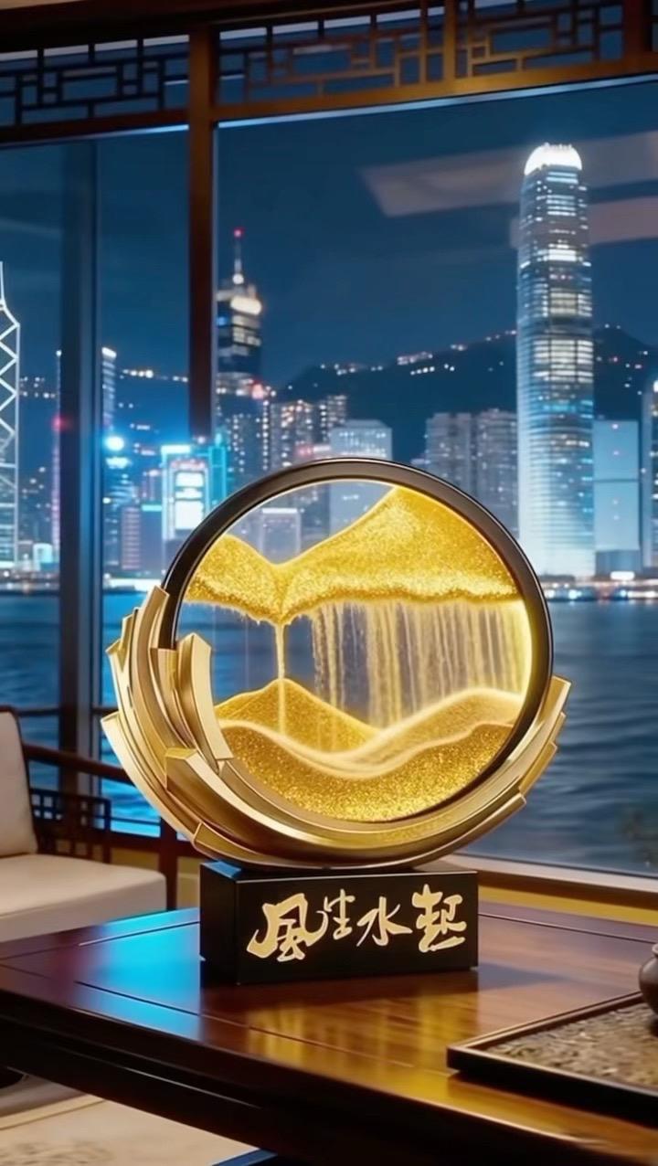 圆璧凝雅趣，流沙蕴福光，蓝金漫卷时，水起运隆昌