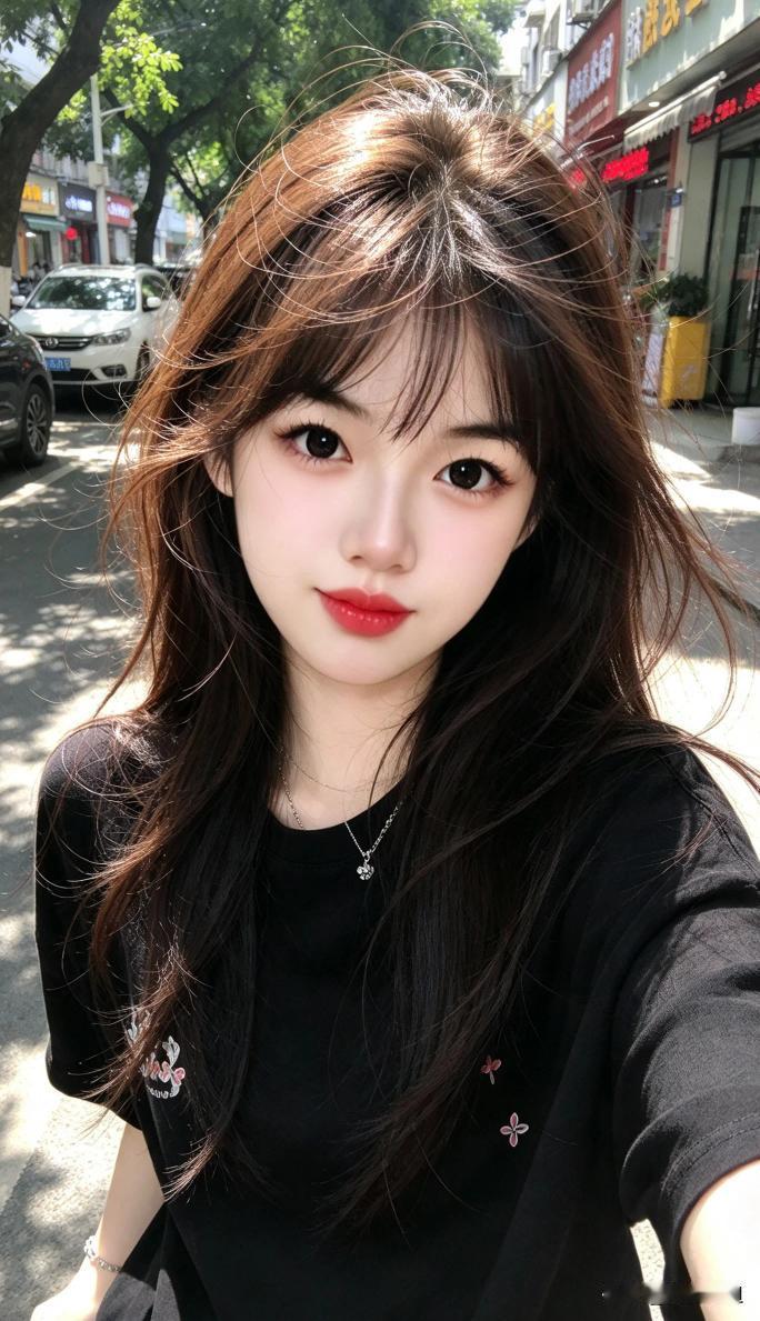 这个女生在街头自拍，阳光明媚。
