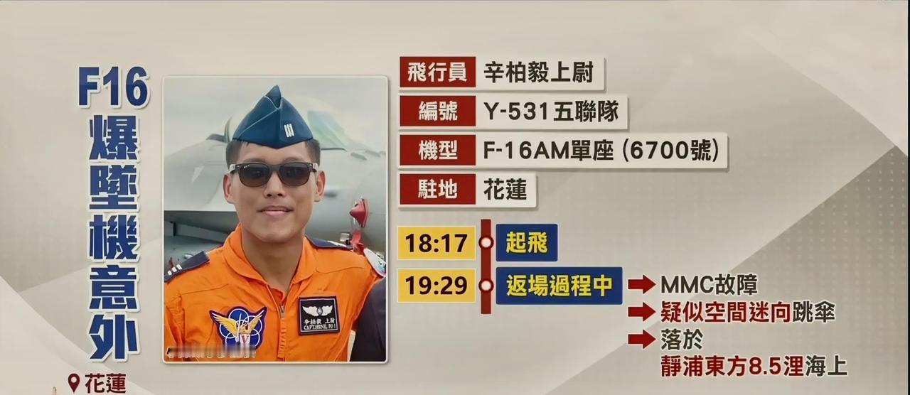 1月6日晚上，台军一架F-16V在花莲外海夜训时坠海，飞行员辛柏毅上尉失联，至今
