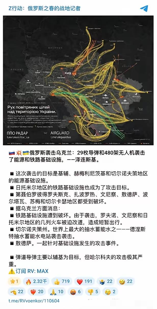 大规模轰炸，一次齐射29枚导弹和480架无人机。如果这是伊朗干的就会成为新闻，但