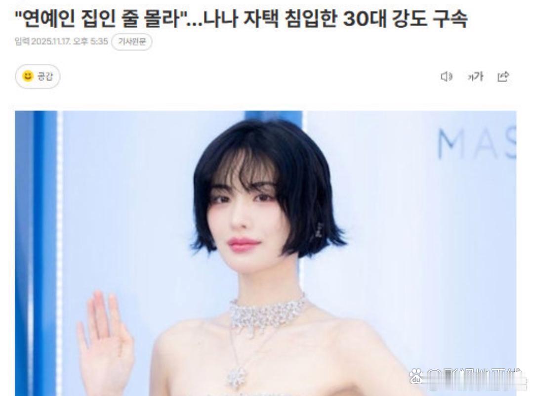 韩媒，17日，此前擅闯林珍娜屋子并实施抢劫的男子已被警方逮捕， 