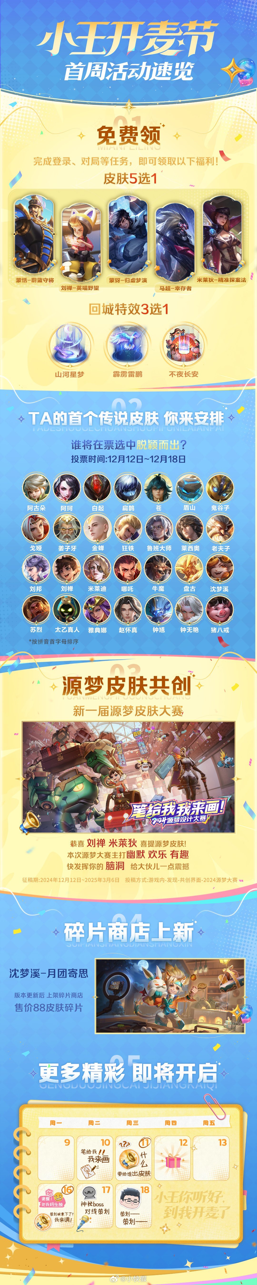 小王明天免费送皮肤五选一 有蒙恬·蔚蓝守将 