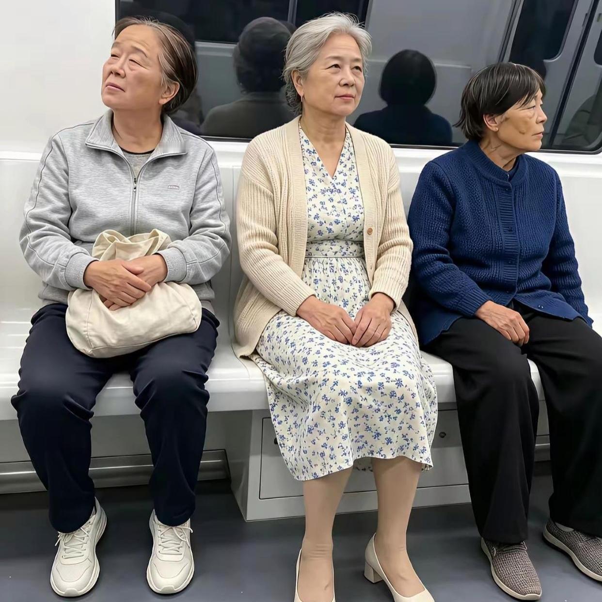 地铁三位阿姨，你老了想活成谁的模样？
 
地铁并排坐着三位阿姨，光看穿搭神态，就