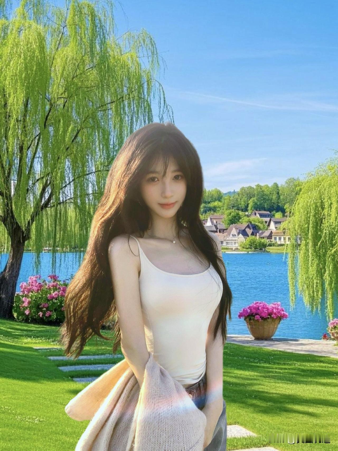 阳光明媚的湖畔，少女与自然和谐相融