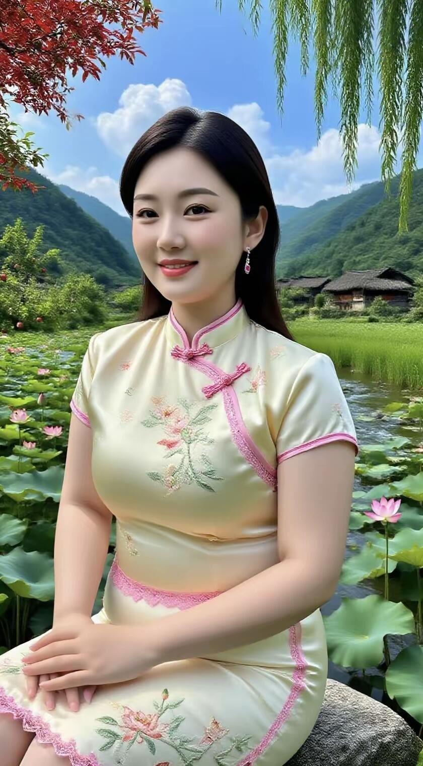 这位姑娘坐在荷花池边，真美啊！