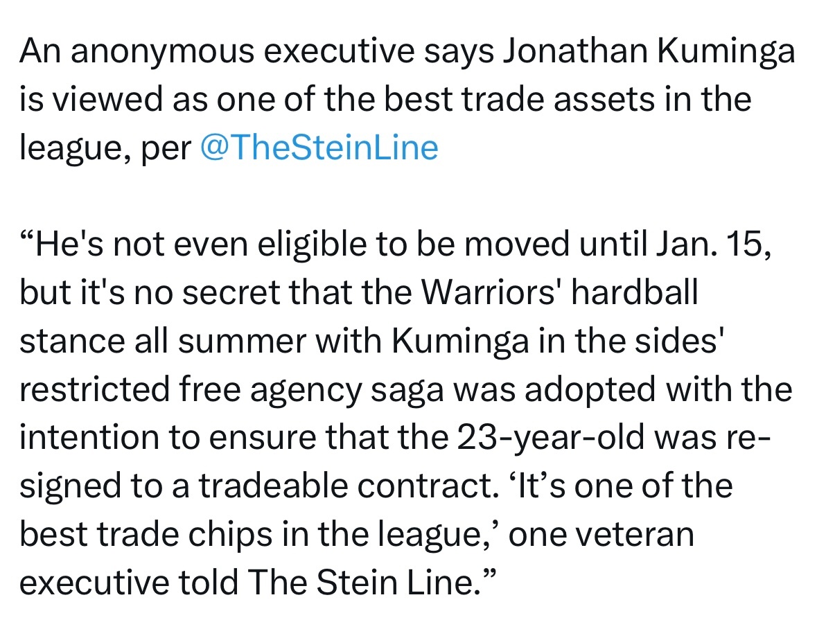 Marc Stein：一位匿名高管表示，库明加被视为联盟最优质的交易资产之一：“