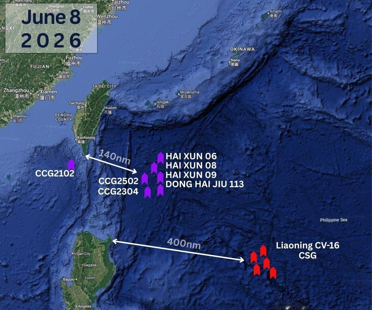 台🐸表示，6月8号，辽宁舰航母编队位于吕宋岛以东约400海里。热点观点辽宁舰航