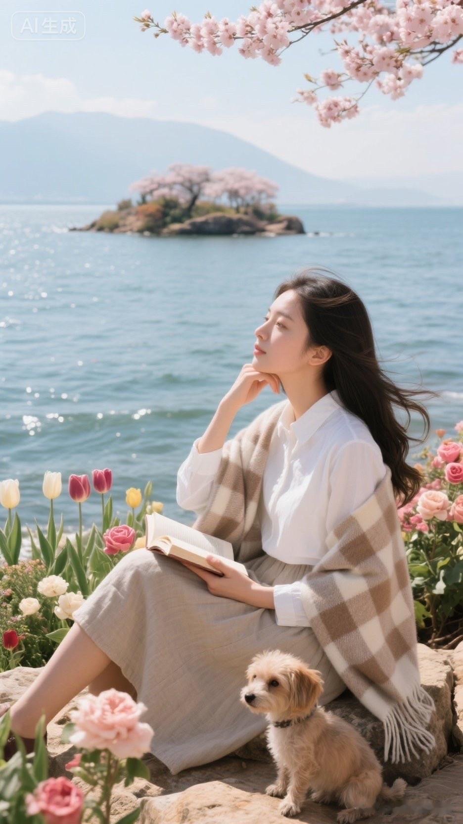 在樱花树下，与爱犬共享宁静时光🌸📖🐶