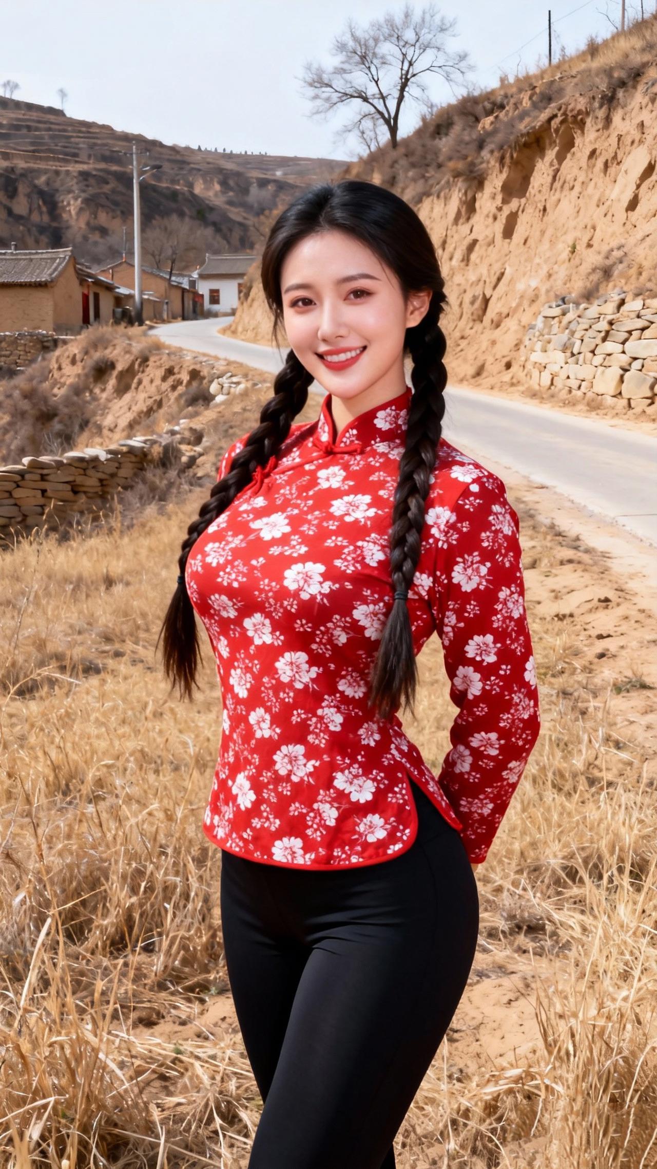 《陕西婆姨》
 
黄土坡的风梳着麻花辫，
红碎花裹着塬上的暖，
眉眼弯成窑洞的月