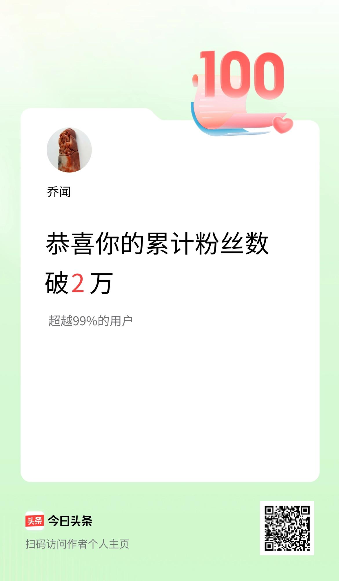 我在头条累计粉丝数破2万啦！