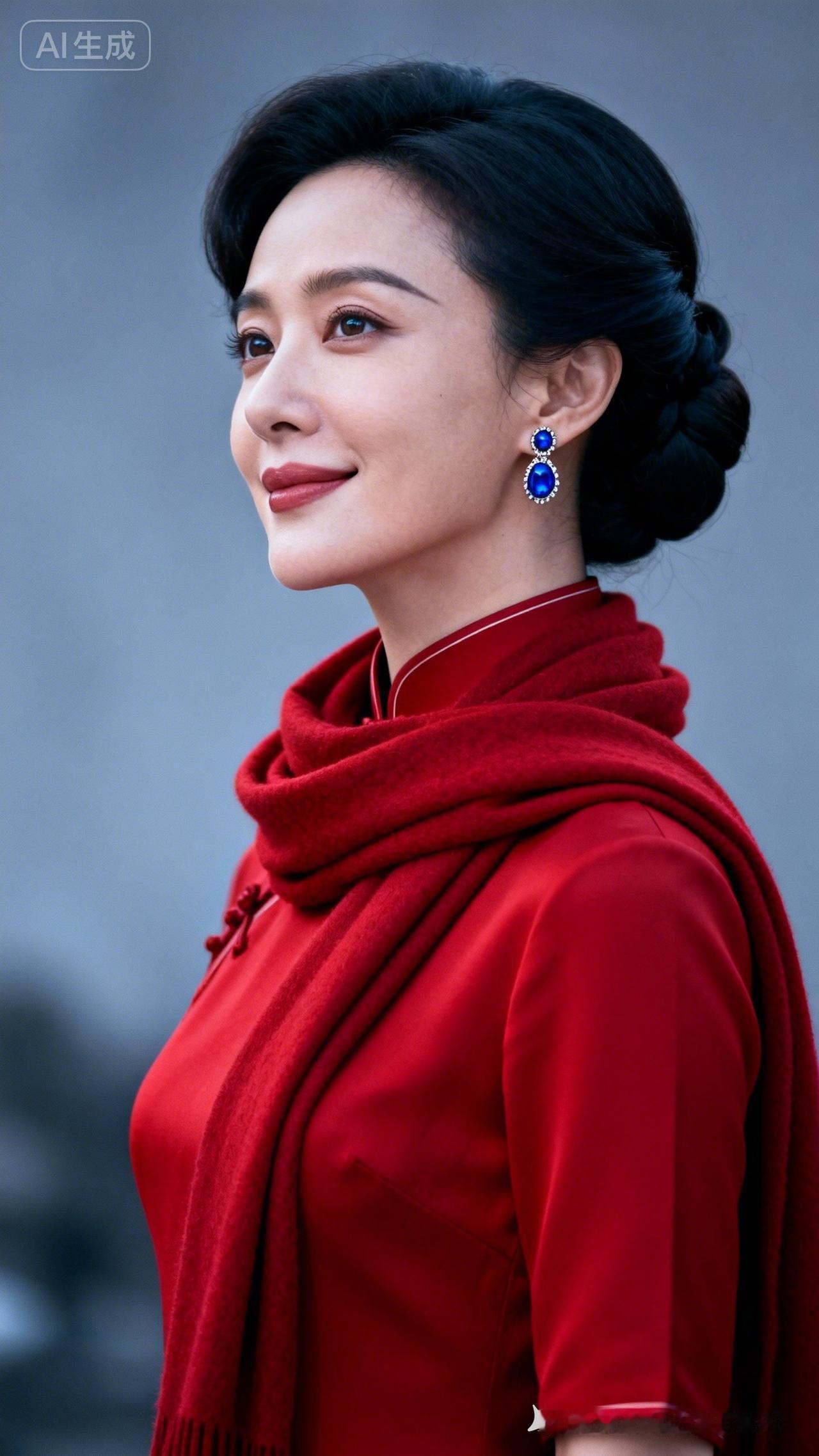 优雅红衣女子，蓝宝石耳环闪耀，复古发型尽显魅力。