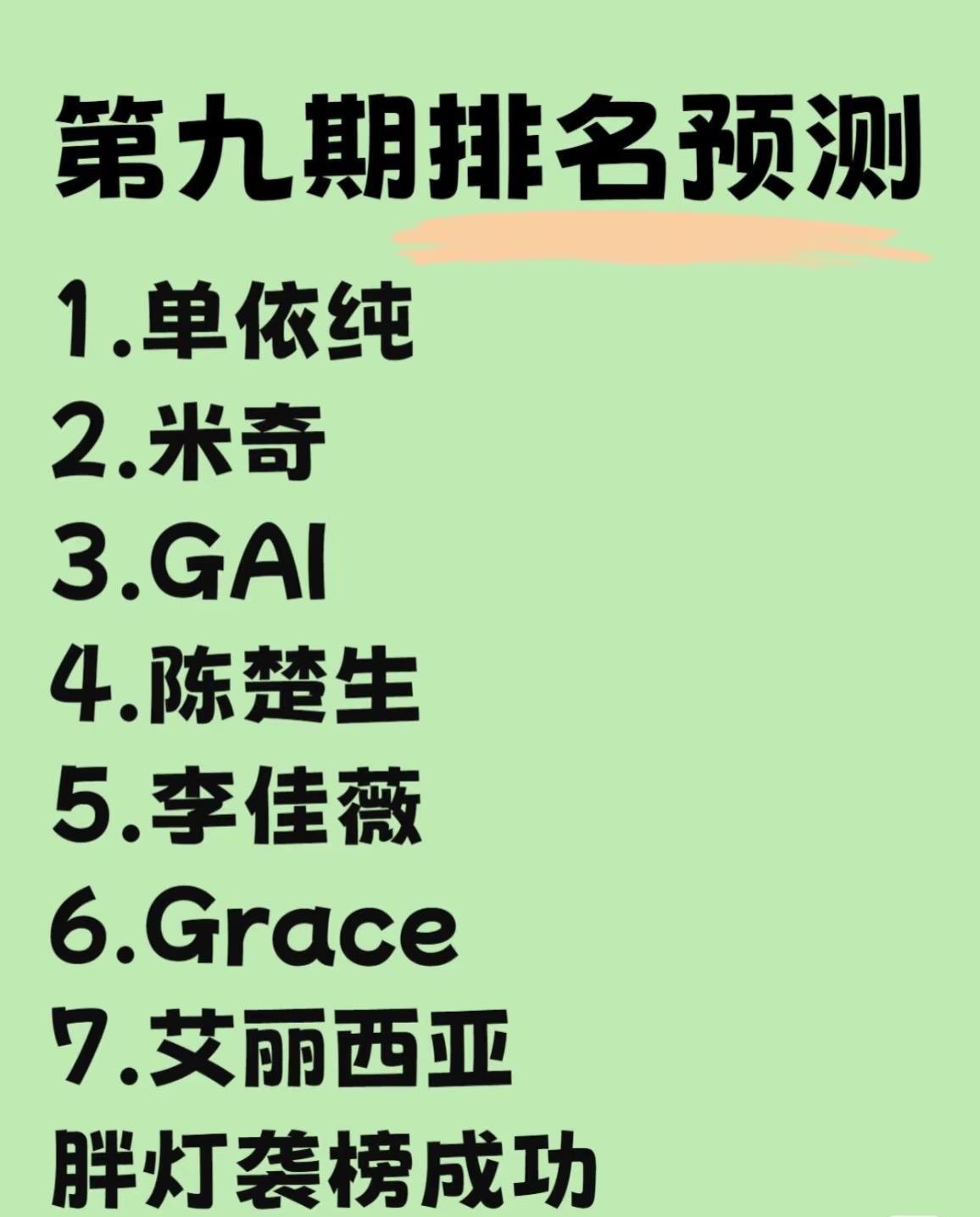 今晚歌手排名预测，看看与你想的是不是一样？
感觉单依纯应该第一，沉淀两期后，会进